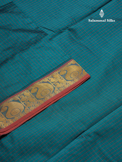 Beautiful Peacock Green Small Checks Semi Silk Cotton Saree With Contrast Orange Blouse