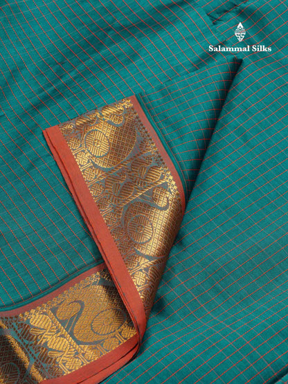 Beautiful Peacock Green Small Checks Semi Silk Cotton Saree With Contrast Orange Blouse
