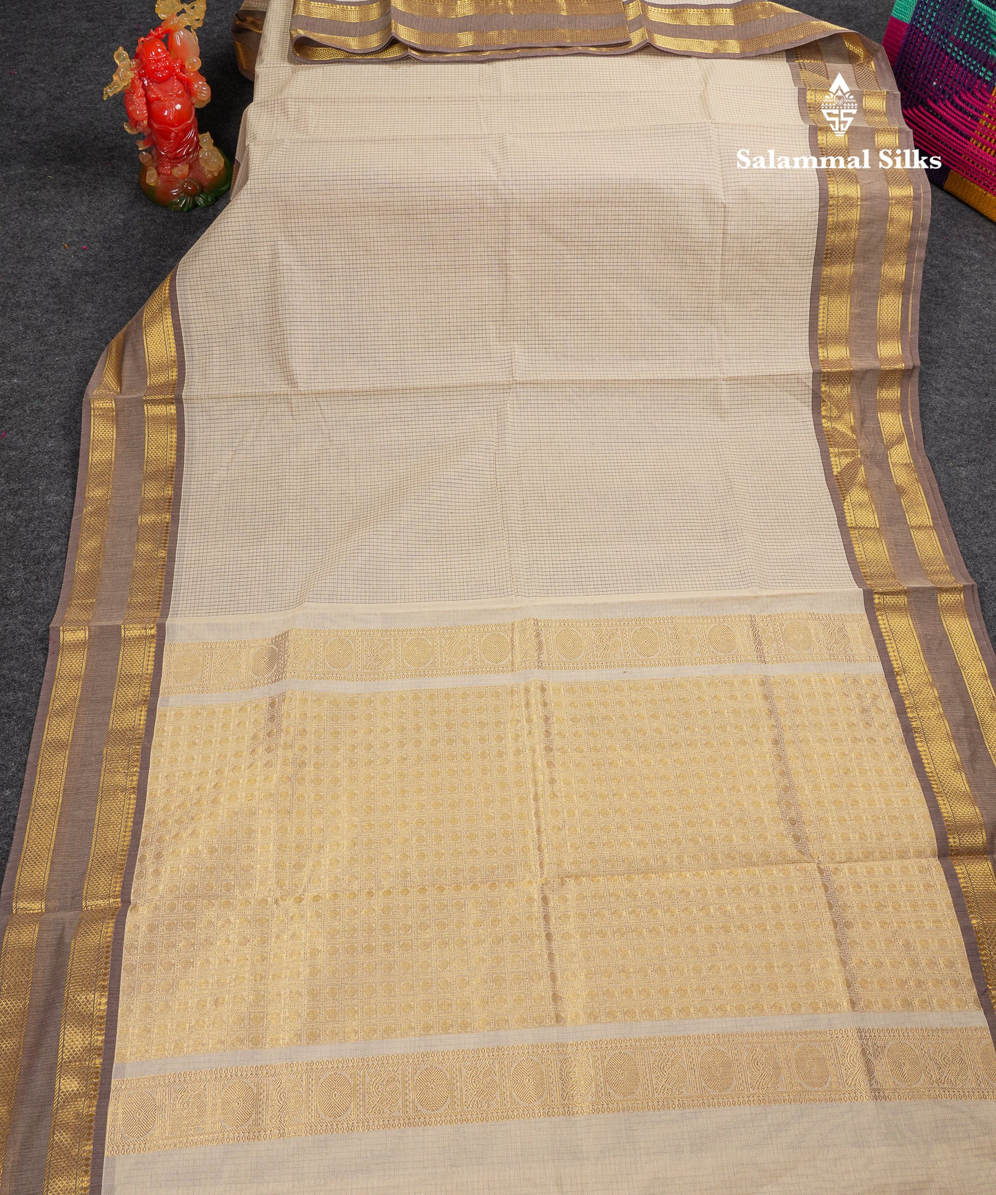 Beautiful Sandal Small Checks Pure Cotton Saree With Contrast Brown Traditional Rettapet Border