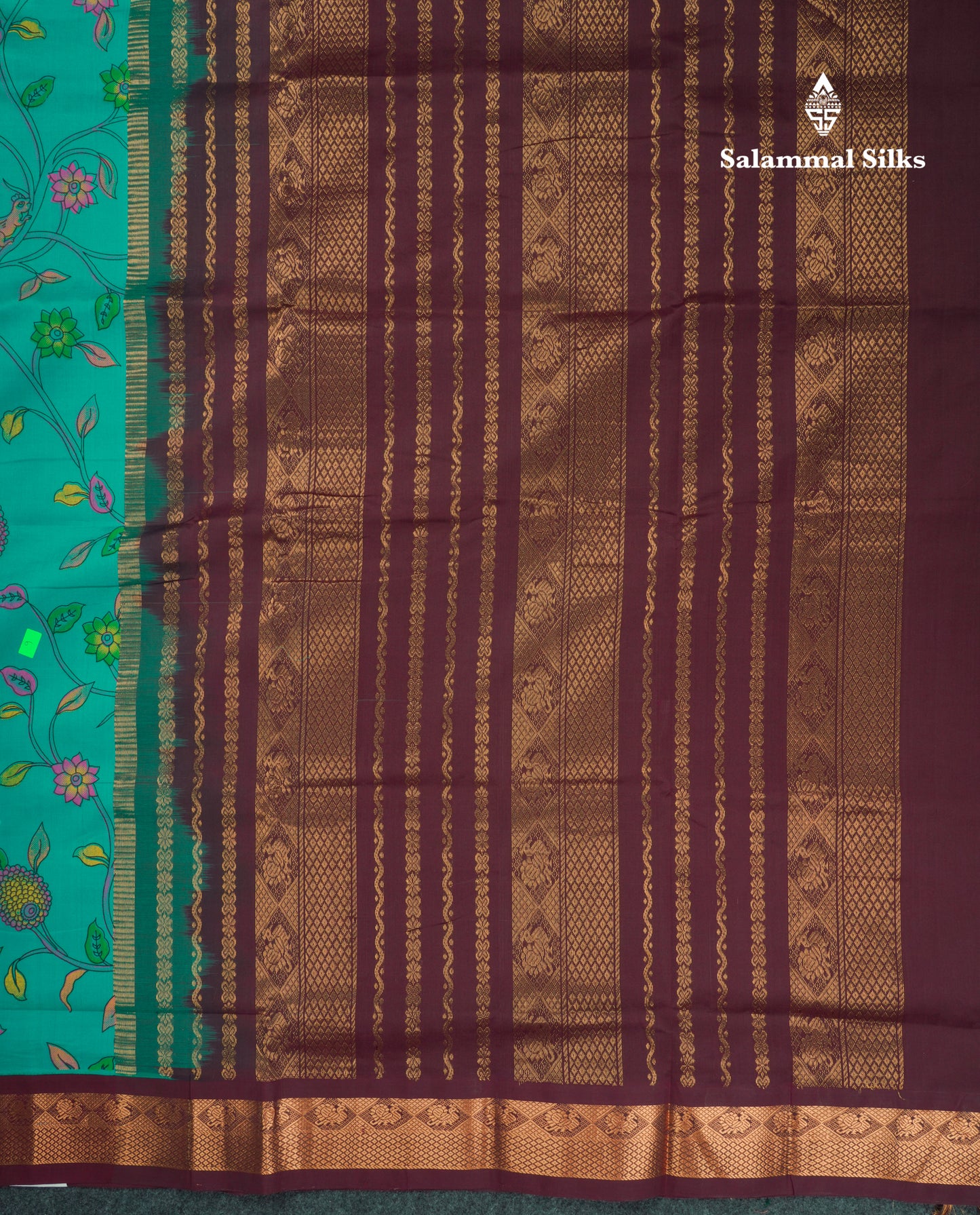 Peacock Green Pichwai Print Semi Silk Cotton Saree With Contrast Dark Brown Traditional Border