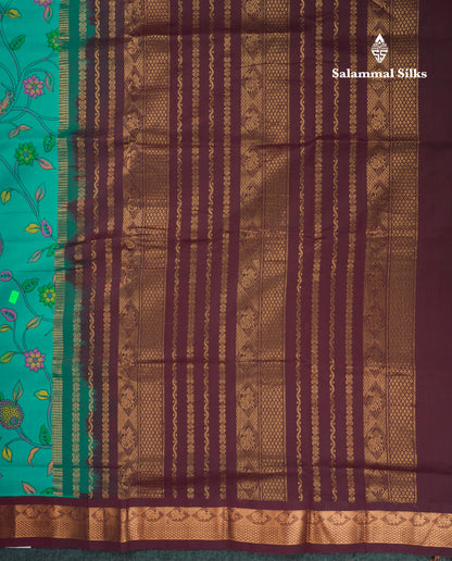 Peacock Green Pichwai Print Semi Silk Cotton Saree With Contrast Dark Brown Traditional Border