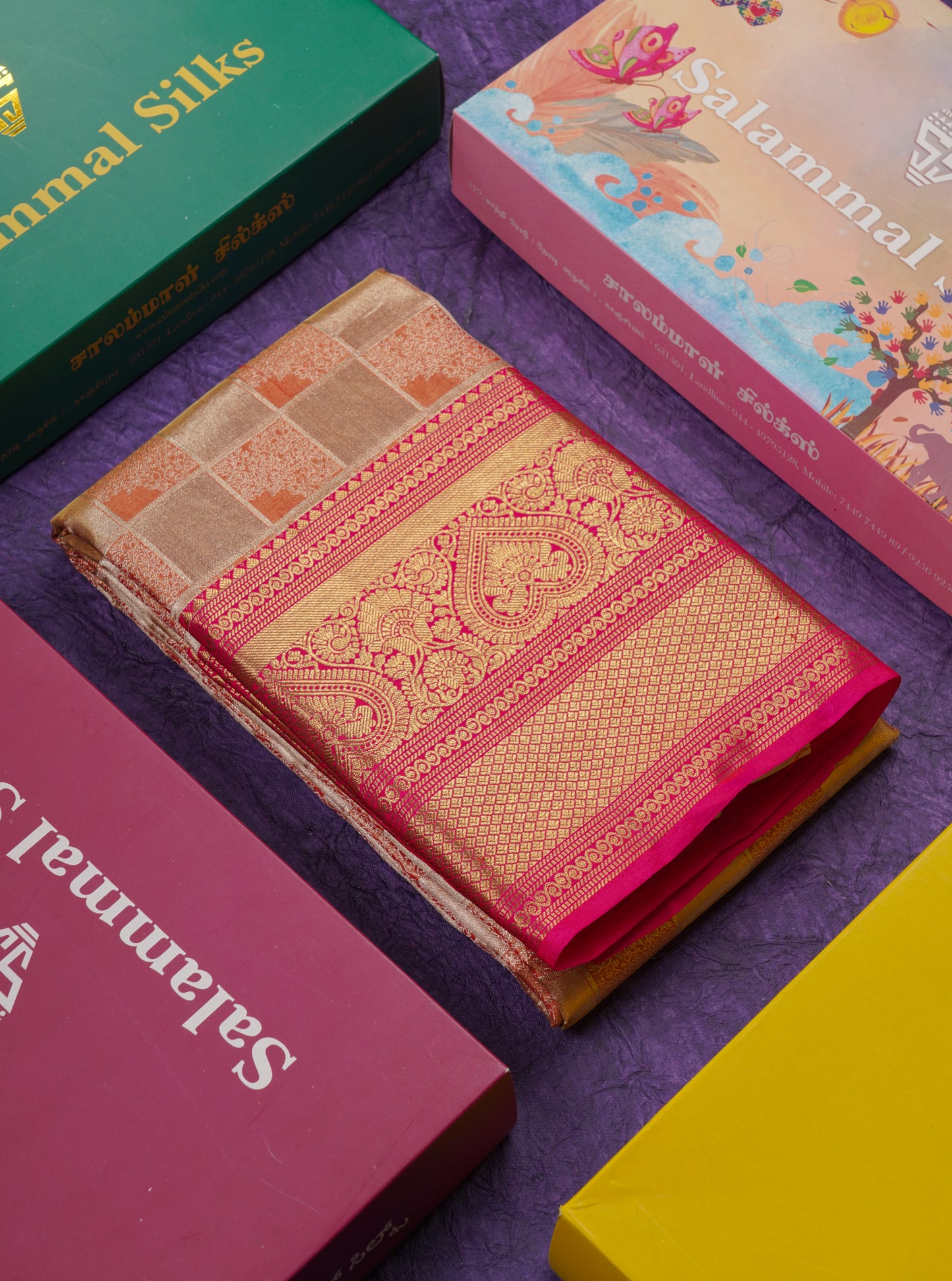 Beautiful Gold Checks Tissue Bridal Pure Mix Silk Saree With Contrast Pink Traditional Evening Morning Border