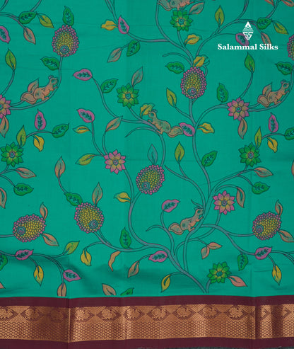 Peacock Green Pichwai Print Semi Silk Cotton Saree With Contrast Dark Brown Traditional Border
