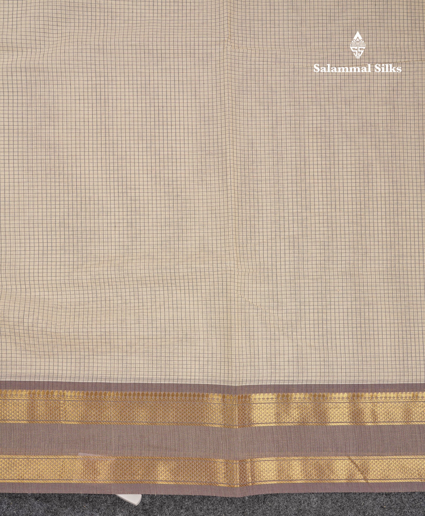 Beautiful Sandal Small Checks Pure Cotton Saree With Contrast Brown Traditional Rettapet Border