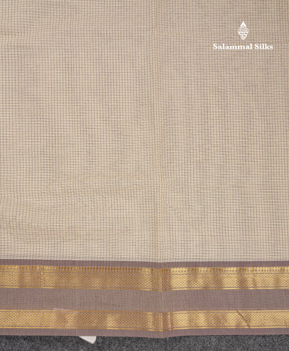 Beautiful Sandal Small Checks Pure Cotton Saree With Contrast Brown Traditional Rettapet Border
