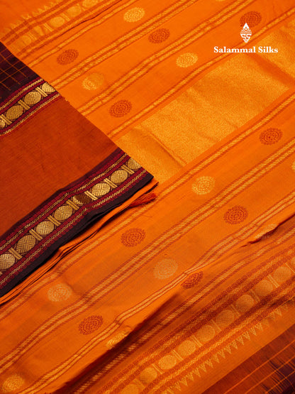 Beautiful Dark Maroon Small Checks Semi Silk Cotton Saree With Contrast Mustard Yellow Blouse