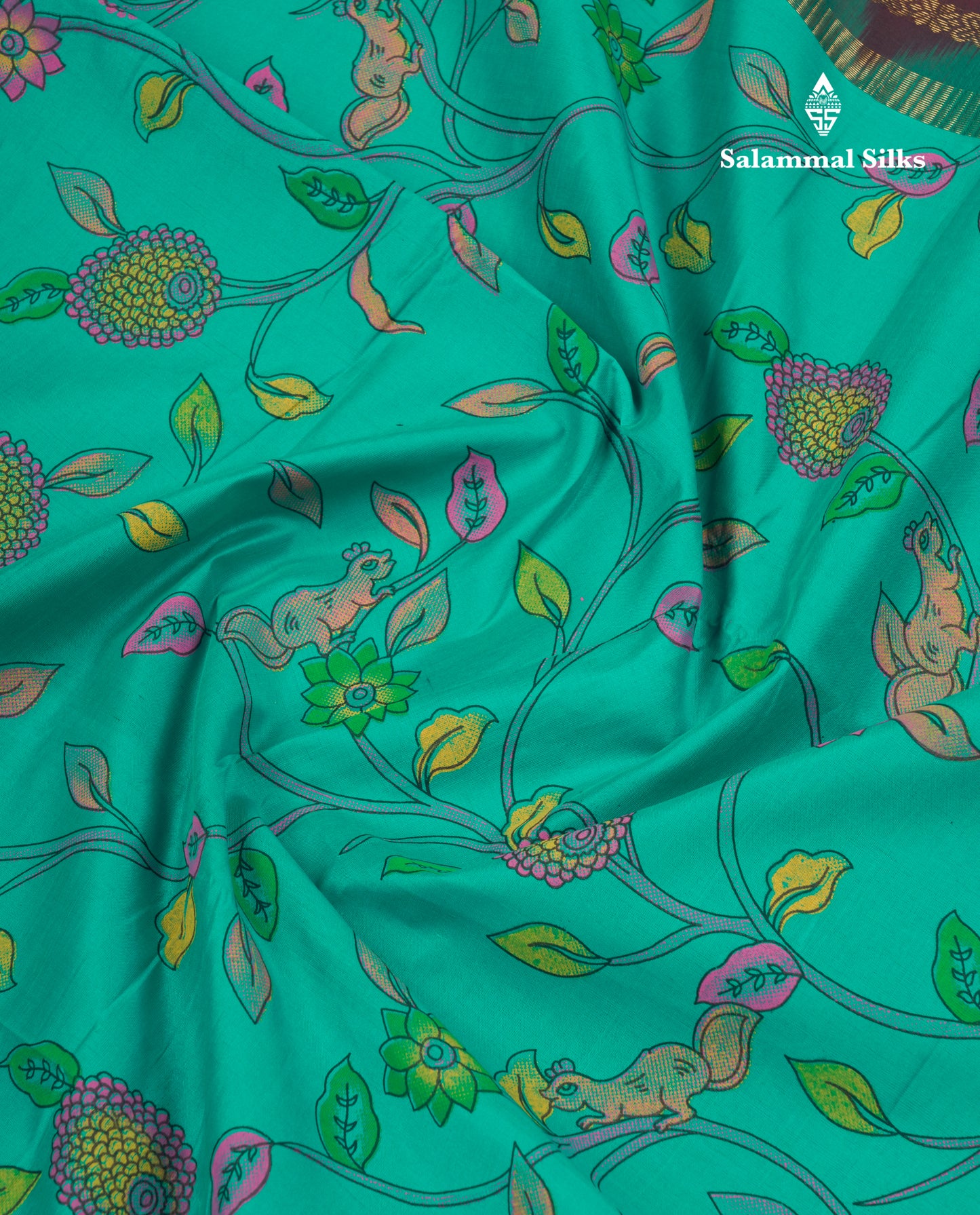 Peacock Green Pichwai Print Semi Silk Cotton Saree With Contrast Dark Brown Traditional Border