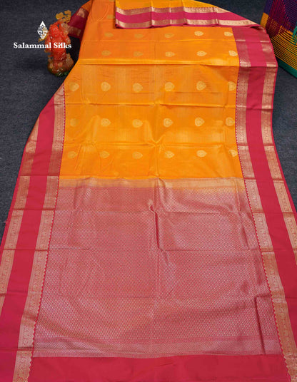 Beautiful Mango Yellow Alai Vaira Oosi With Butta Semi Silk Saree With Contrast Pink Traditional Gap Border