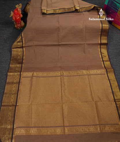 Beautiful Light Brown Small Checks Pure Cotton Saree With Contrast Black Traditional Border