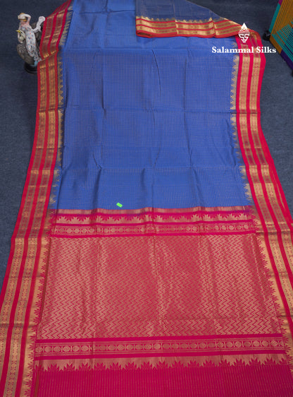 Ananda Blue Small Zari Checks Semi Silk Cotton Saree With Contrast Rani Pink Traditional Temple & Rettapet Border