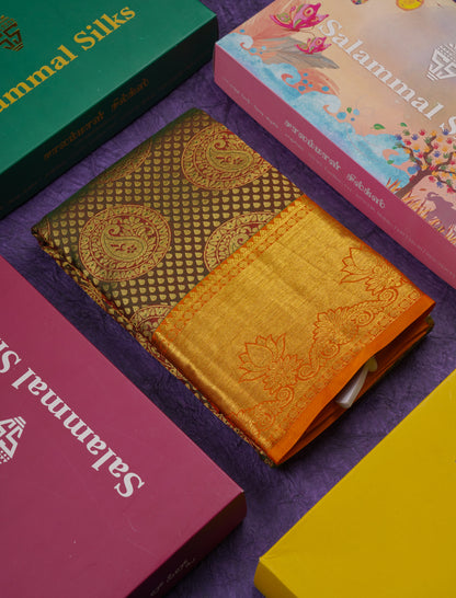 Beautiful Dual Tone Green Pure Kanjivaram Silk Saree With Contrast Mustard Yellow Traditional Border