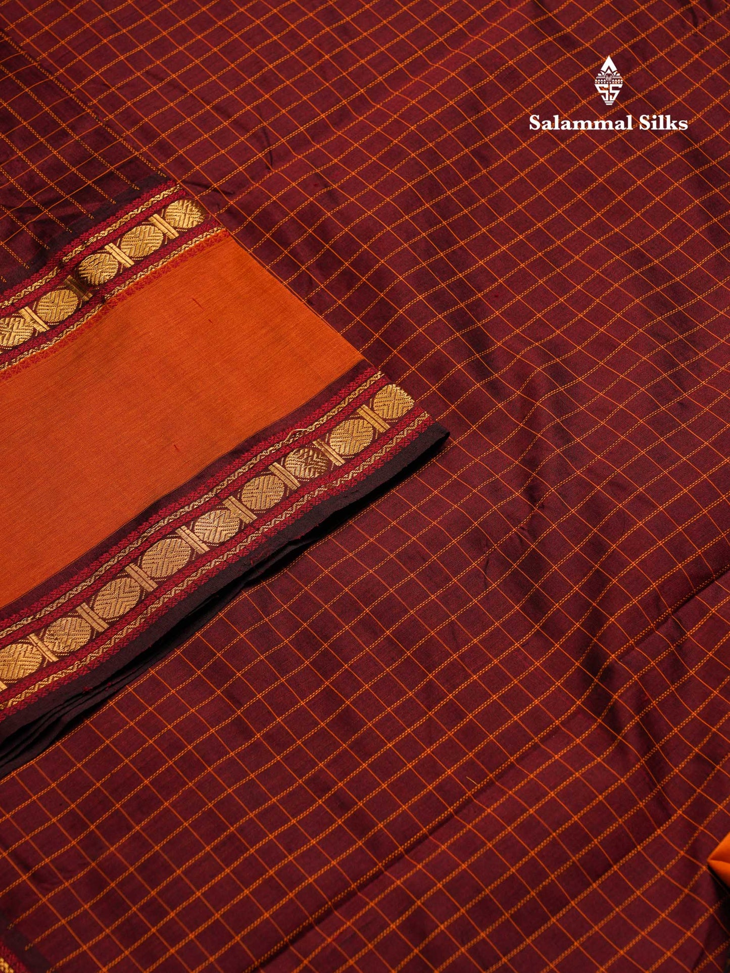 Beautiful Dark Maroon Small Checks Semi Silk Cotton Saree With Contrast Mustard Yellow Blouse