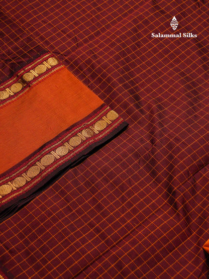 Beautiful Dark Maroon Small Checks Semi Silk Cotton Saree With Contrast Mustard Yellow Blouse