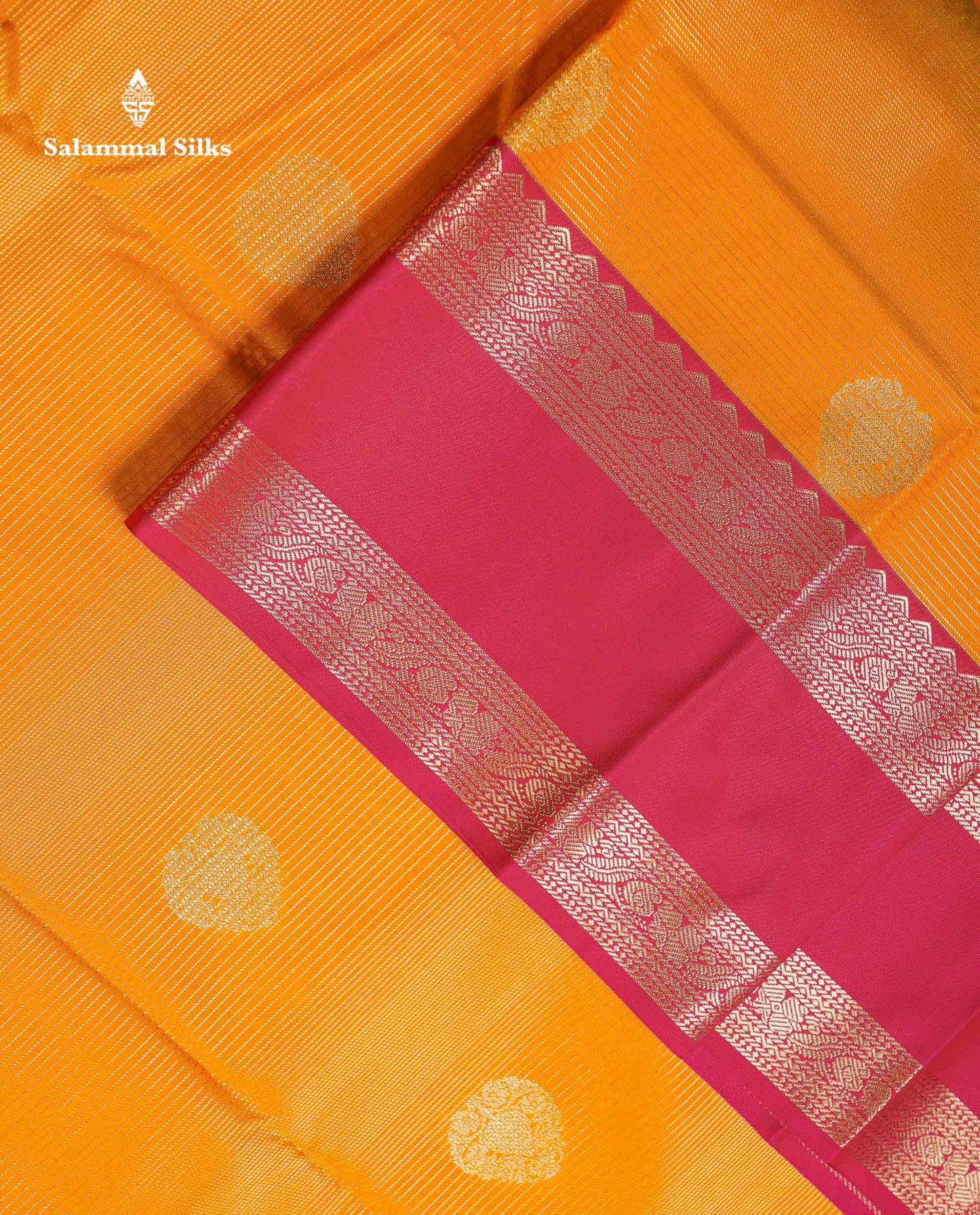 Beautiful Mango Yellow Alai Vaira Oosi With Butta Semi Silk Saree With Contrast Pink Traditional Gap Border
