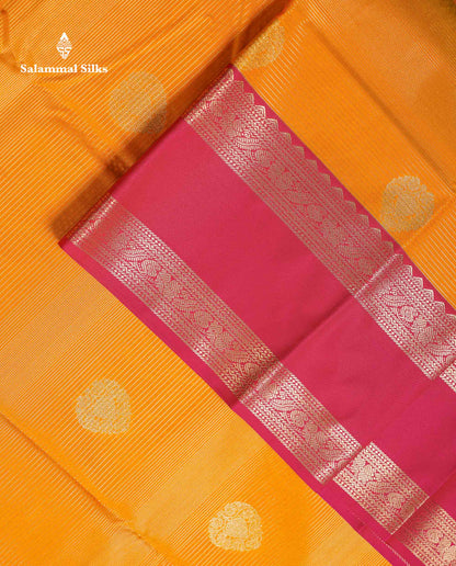 Beautiful Mango Yellow Alai Vaira Oosi With Butta Semi Silk Saree With Contrast Pink Traditional Gap Border