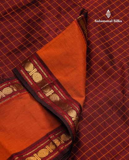Beautiful Dark Maroon Small Checks Semi Silk Cotton Saree With Contrast Mustard Yellow Blouse