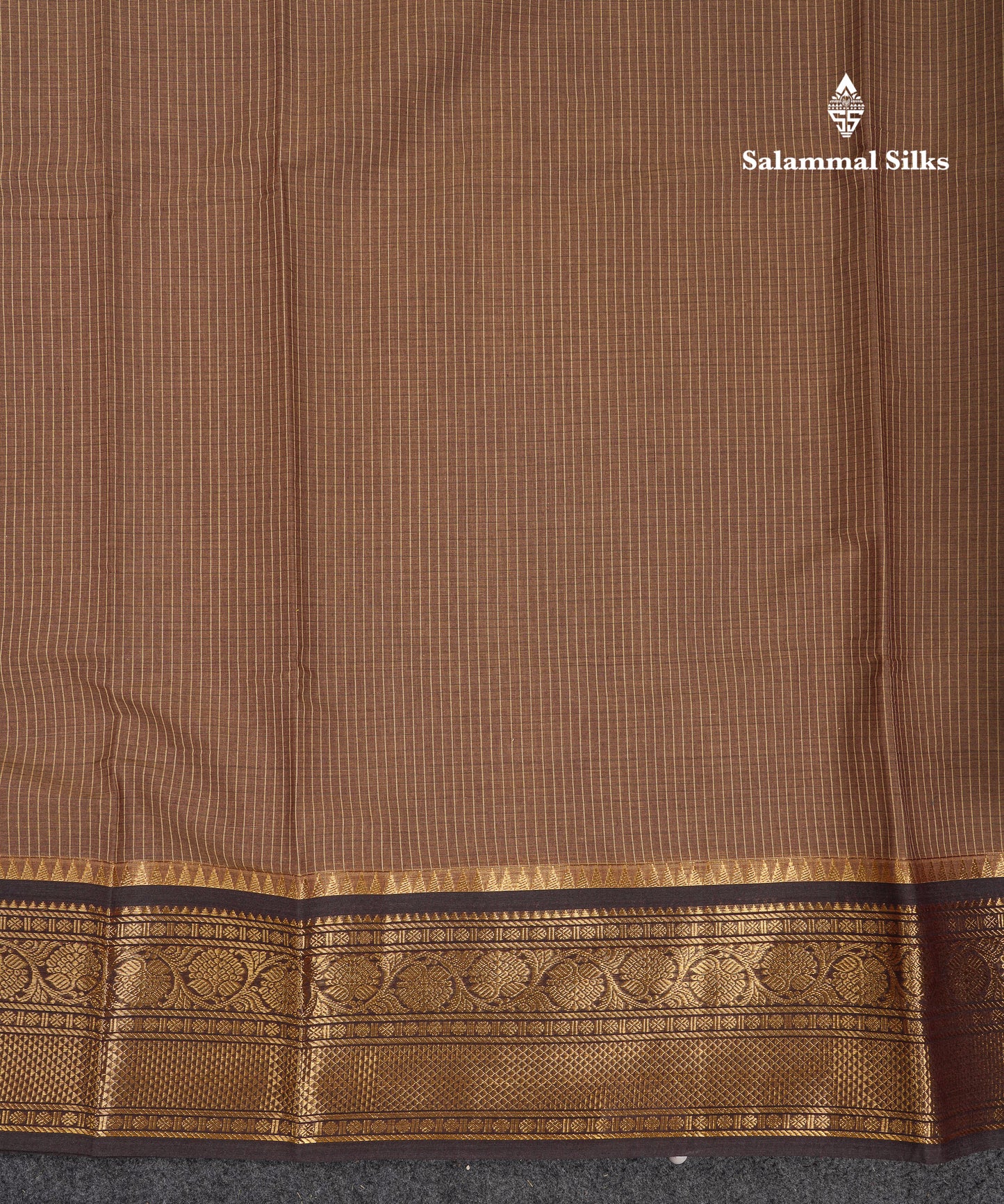 Beautiful Light Brown Small Checks Pure Cotton Saree With Contrast Black Traditional Border