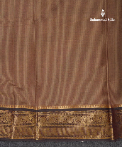 Beautiful Light Brown Small Checks Pure Cotton Saree With Contrast Black Traditional Border