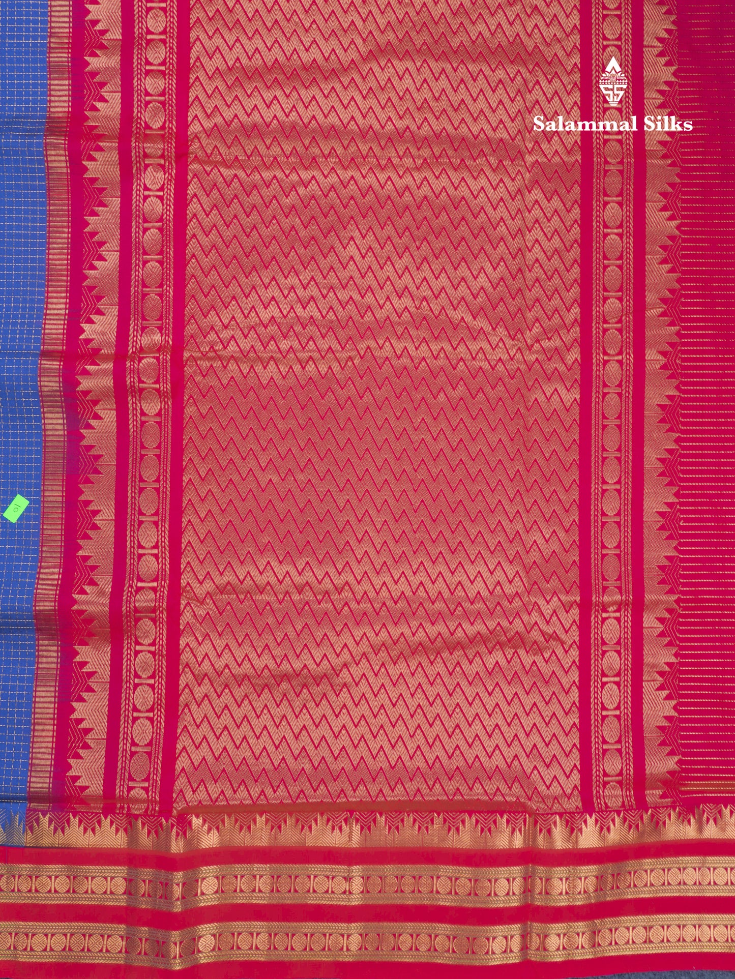 Ananda Blue Small Zari Checks Semi Silk Cotton Saree With Contrast Rani Pink Traditional Temple & Rettapet Border