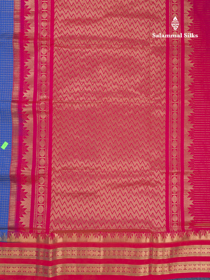Ananda Blue Small Zari Checks Semi Silk Cotton Saree With Contrast Rani Pink Traditional Temple & Rettapet Border