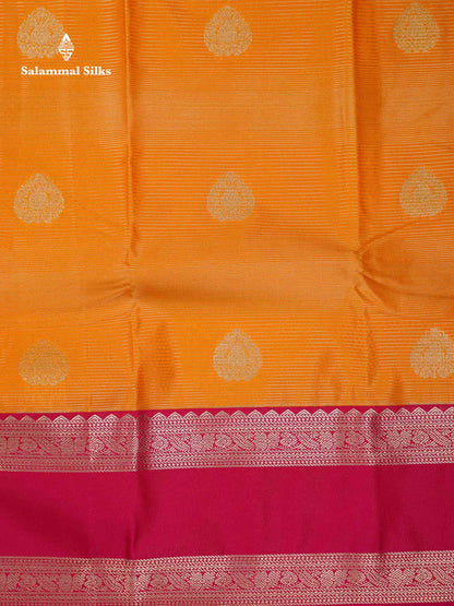 Beautiful Mango Yellow Alai Vaira Oosi With Butta Semi Silk Saree With Contrast Pink Traditional Gap Border