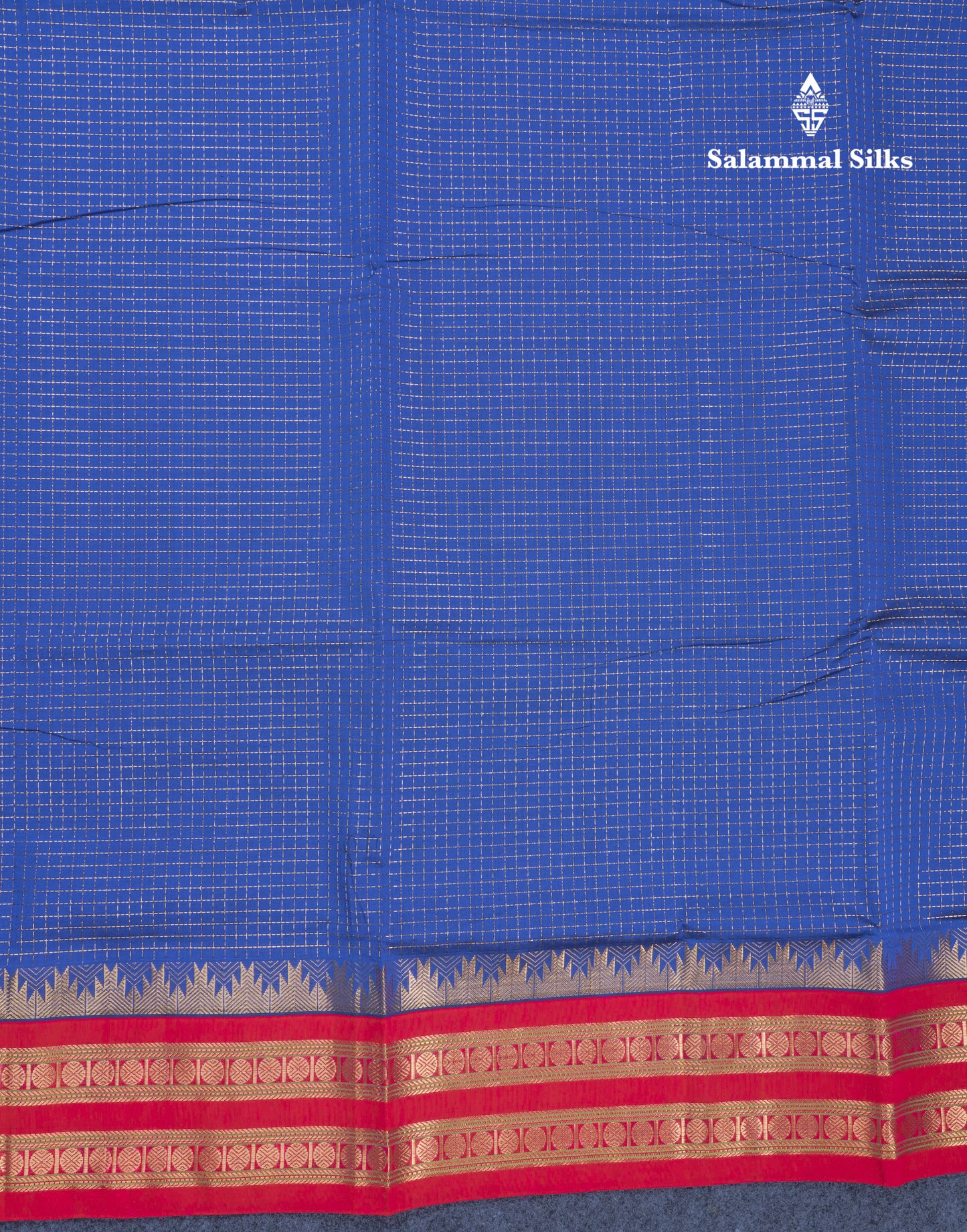 Ananda Blue Small Zari Checks Semi Silk Cotton Saree With Contrast Rani Pink Traditional Temple & Rettapet Border