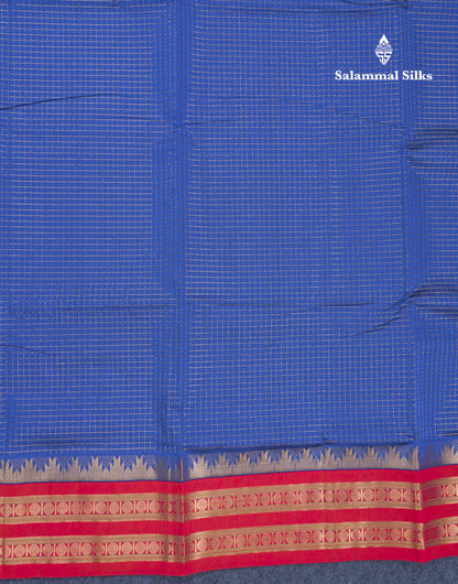 Ananda Blue Small Zari Checks Semi Silk Cotton Saree With Contrast Rani Pink Traditional Temple & Rettapet Border