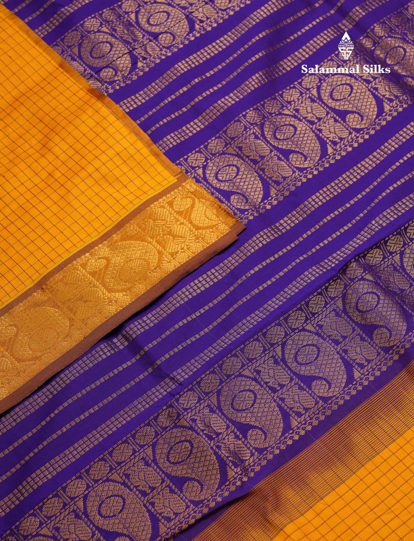 Beautiful Peacock Green Small Checks Semi Silk Cotton Saree With Contrast Orange Blouse