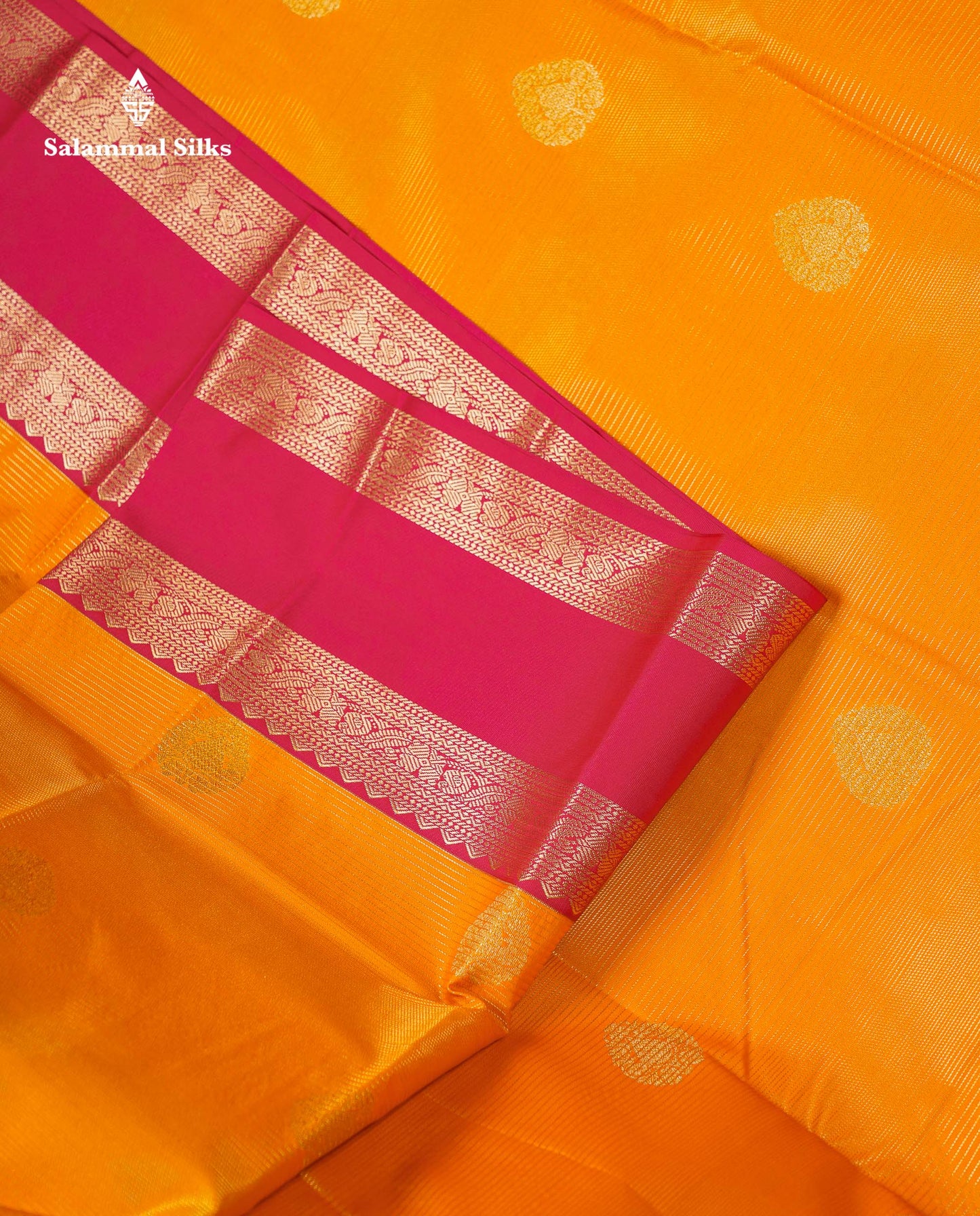 Beautiful Mango Yellow Alai Vaira Oosi With Butta Semi Silk Saree With Contrast Pink Traditional Gap Border