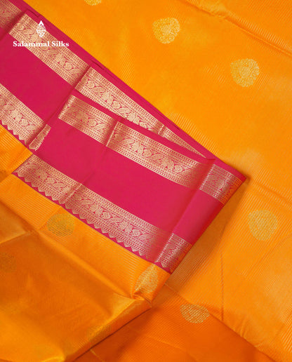 Beautiful Mango Yellow Alai Vaira Oosi With Butta Semi Silk Saree With Contrast Pink Traditional Gap Border