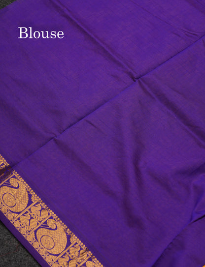 Beautiful Peacock Green Small Checks Semi Silk Cotton Saree With Contrast Orange Blouse
