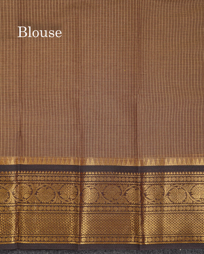 Beautiful Light Brown Small Checks Pure Cotton Saree With Contrast Black Traditional Border