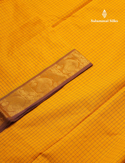 Beautiful Peacock Green Small Checks Semi Silk Cotton Saree With Contrast Orange Blouse