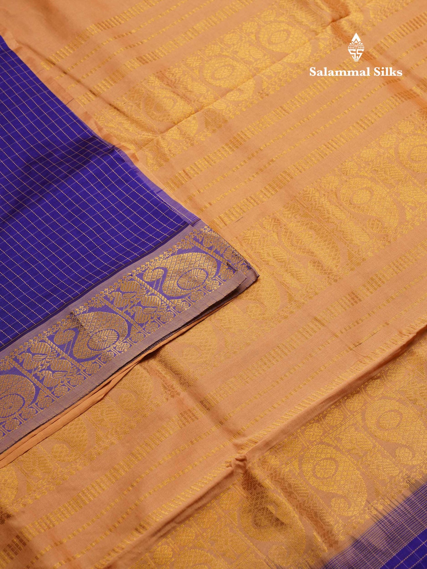 Beautiful Dual Tone Blue Small Checks Semi Silk Cotton Saree With Contrast Dark Sandal Blouse