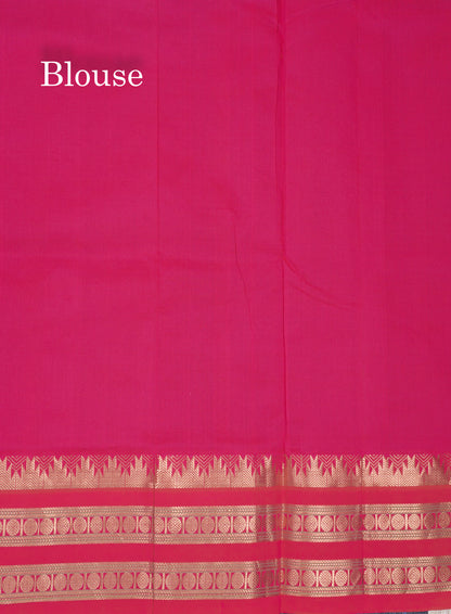 Ananda Blue Small Zari Checks Semi Silk Cotton Saree With Contrast Rani Pink Traditional Temple & Rettapet Border
