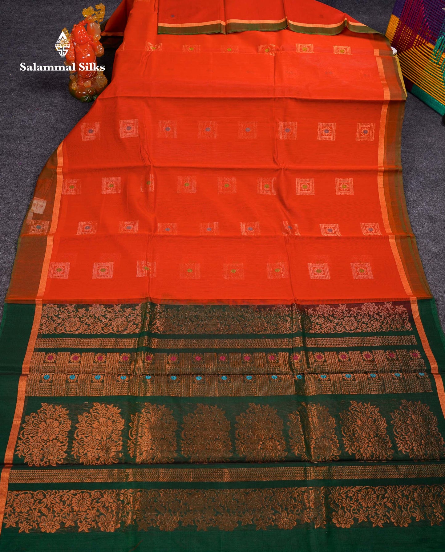 Beautiful Rust Orange Menakari Work SICO Cotton Saree With Contrast Bottle Green Blouse