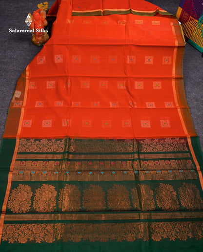 Beautiful Rust Orange Menakari Work SICO Cotton Saree With Contrast Bottle Green Blouse