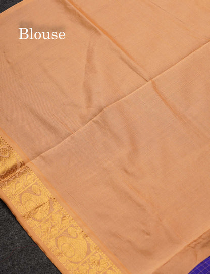 Beautiful Dual Tone Blue Small Checks Semi Silk Cotton Saree With Contrast Dark Sandal Blouse