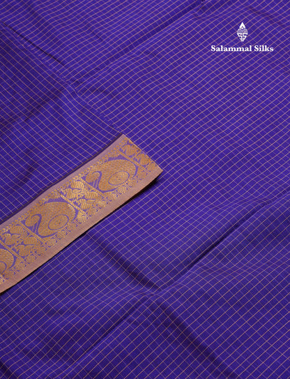 Beautiful Dual Tone Blue Small Checks Semi Silk Cotton Saree With Contrast Dark Sandal Blouse