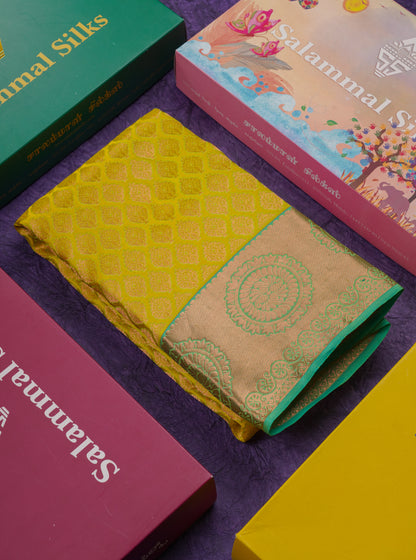 Beautiful Lemon Yellow Bridal Pure Kanjivaram Silk Saree With Contrast Sapphire Green Border