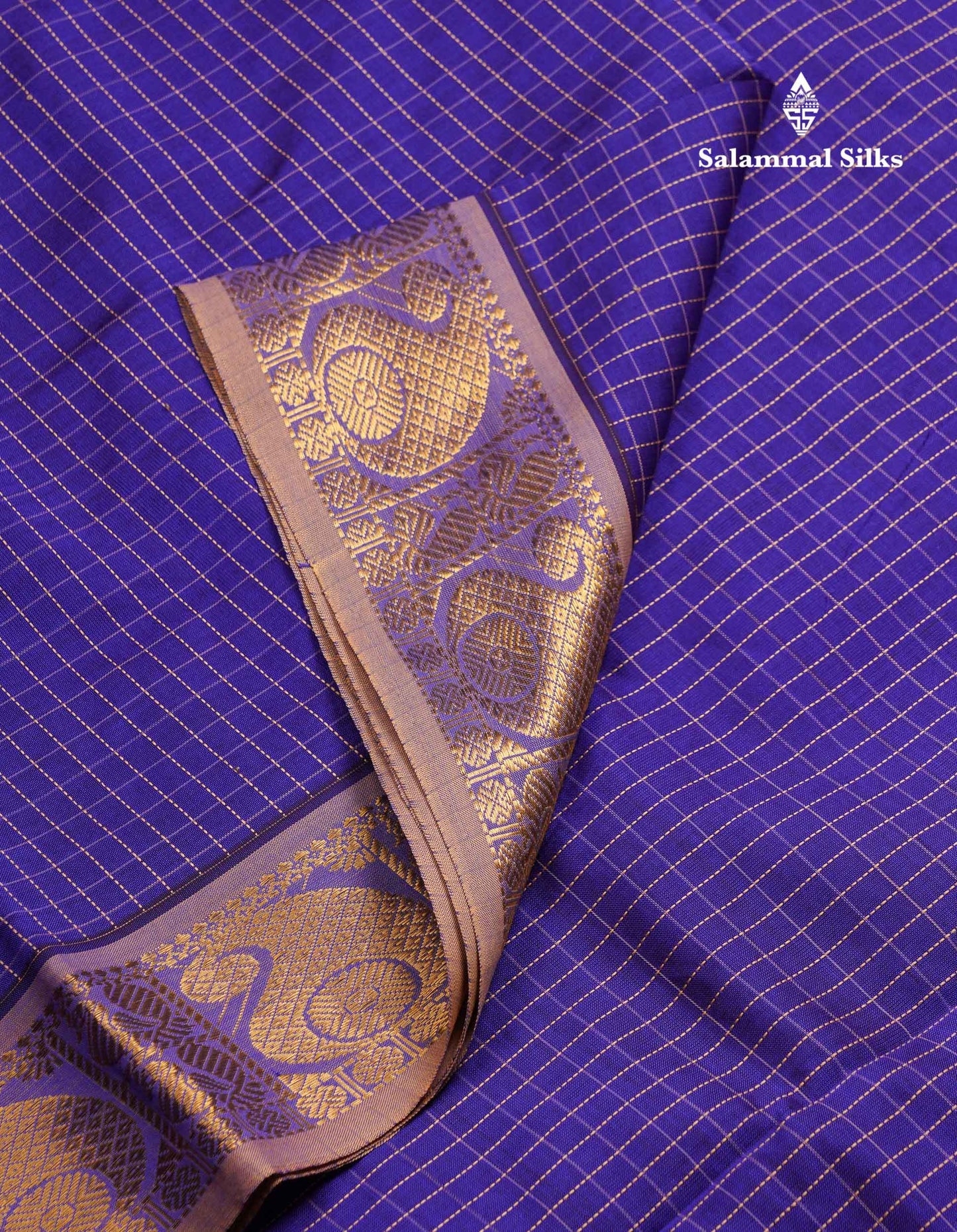 Beautiful Dual Tone Blue Small Checks Semi Silk Cotton Saree With Contrast Dark Sandal Blouse