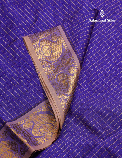 Beautiful Dual Tone Blue Small Checks Semi Silk Cotton Saree With Contrast Dark Sandal Blouse
