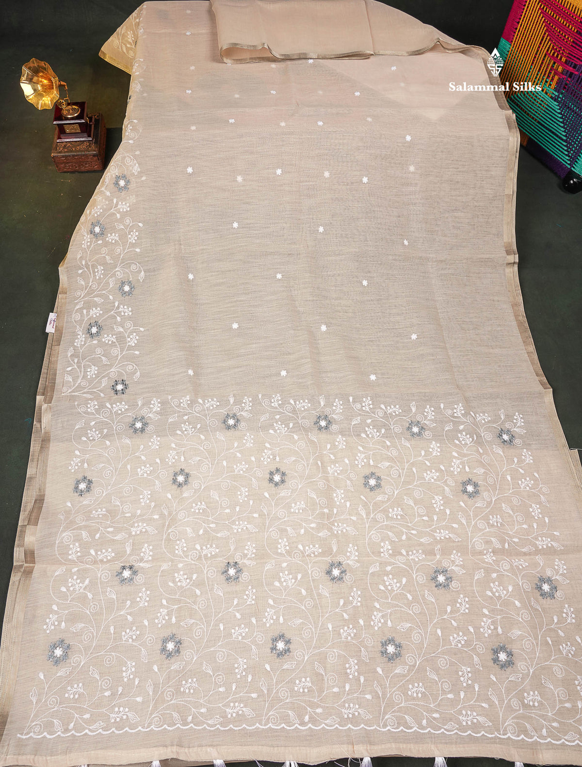 Linen Mix Saree - Light Beige Colour Body With Fancy Embroidery Border