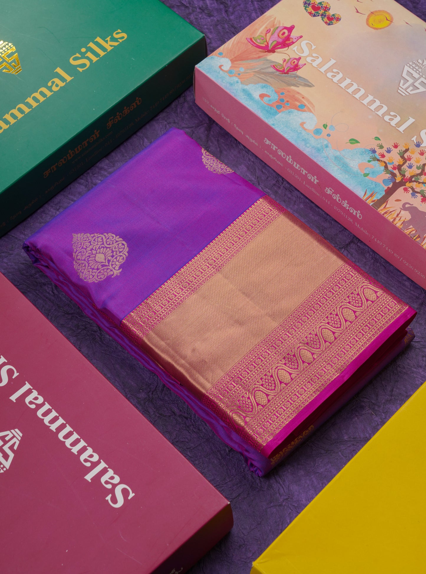 Beautiful Purple Pure Kanjivaram Silk Saree With Contrast Pink Traditional Evening Morning Border