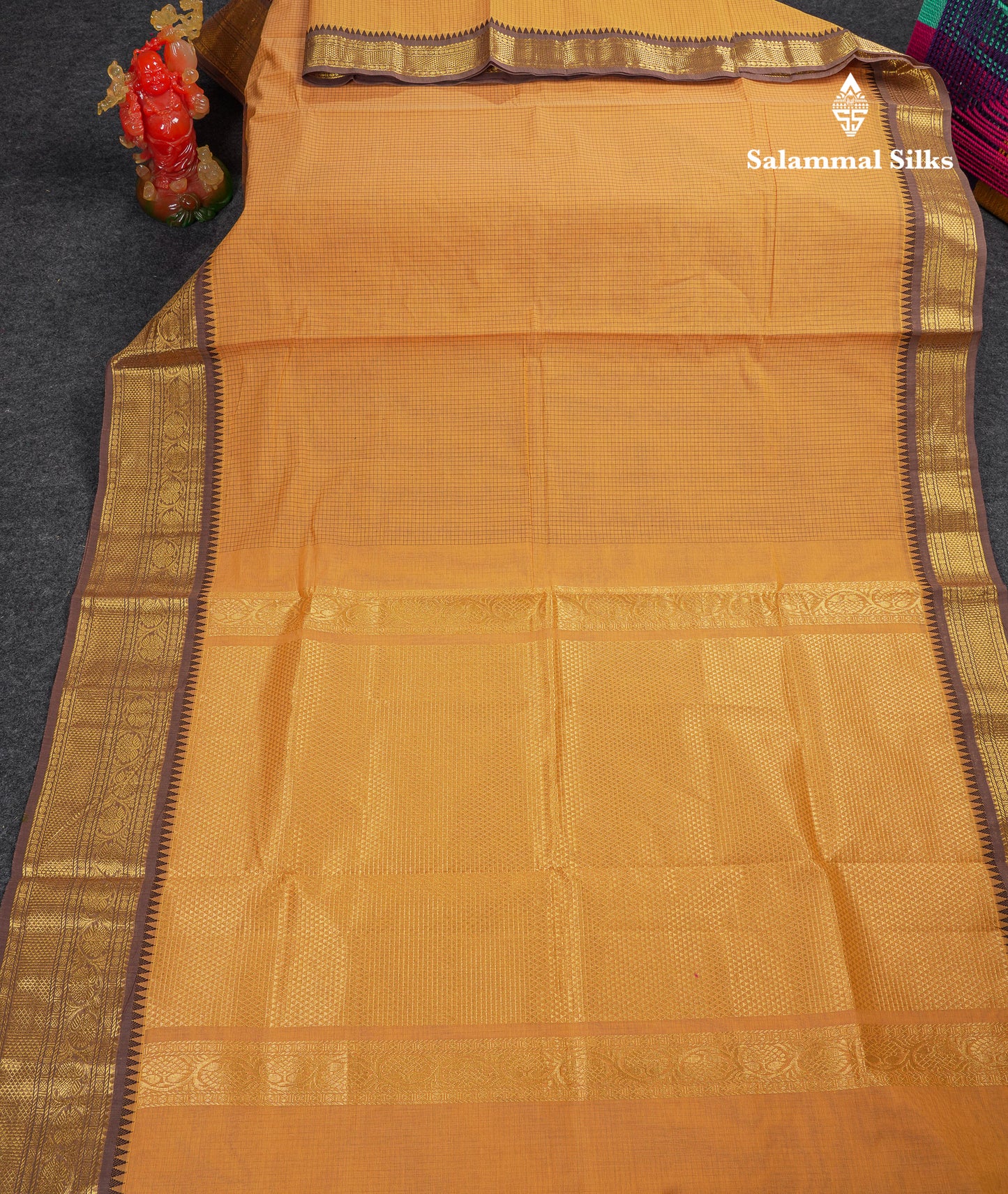 Beautiful Light Brown Small Checks Pure Cotton Saree With Contrast Black Traditional Border