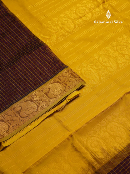 Beautiful Dual Tone Blue Small Checks Semi Silk Cotton Saree With Contrast Dark Sandal Blouse