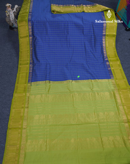Blue Checks Semi Silk Cotton Saree With Contrast Parrot Green Traditional Border