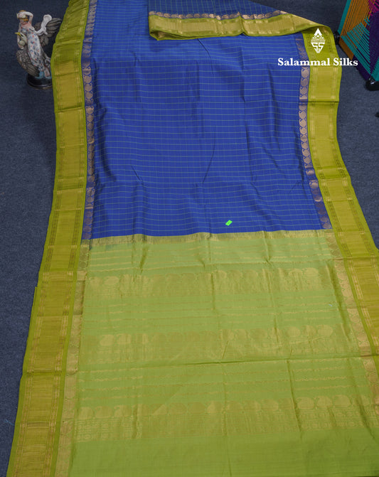 Blue Checks Semi Silk Cotton Saree With Contrast Parrot Green Traditional Border