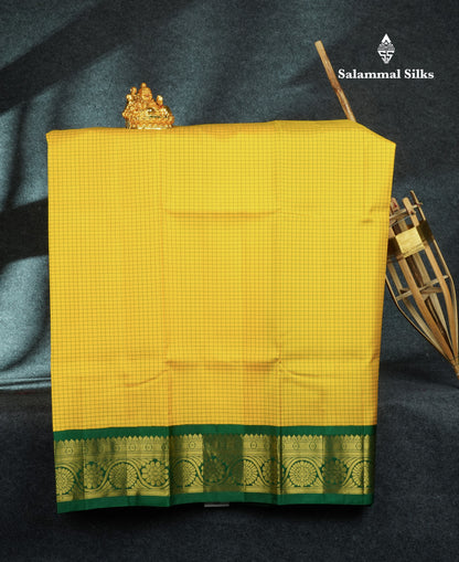 Pure Silk Pattu Pavadai Tiny Checks (Yellow) With Bottle Green Blouse 44"