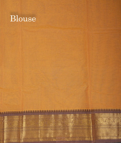 Beautiful Light Brown Small Checks Pure Cotton Saree With Contrast Black Traditional Border
